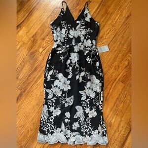 NWT Dress the Population Black and Silver Embroidered Floral Midi Cocktail Dress